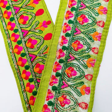 Green Fabric Trim With Green, Fuchsia Pink, Red And Yellow Embroidery and Gold Sequins